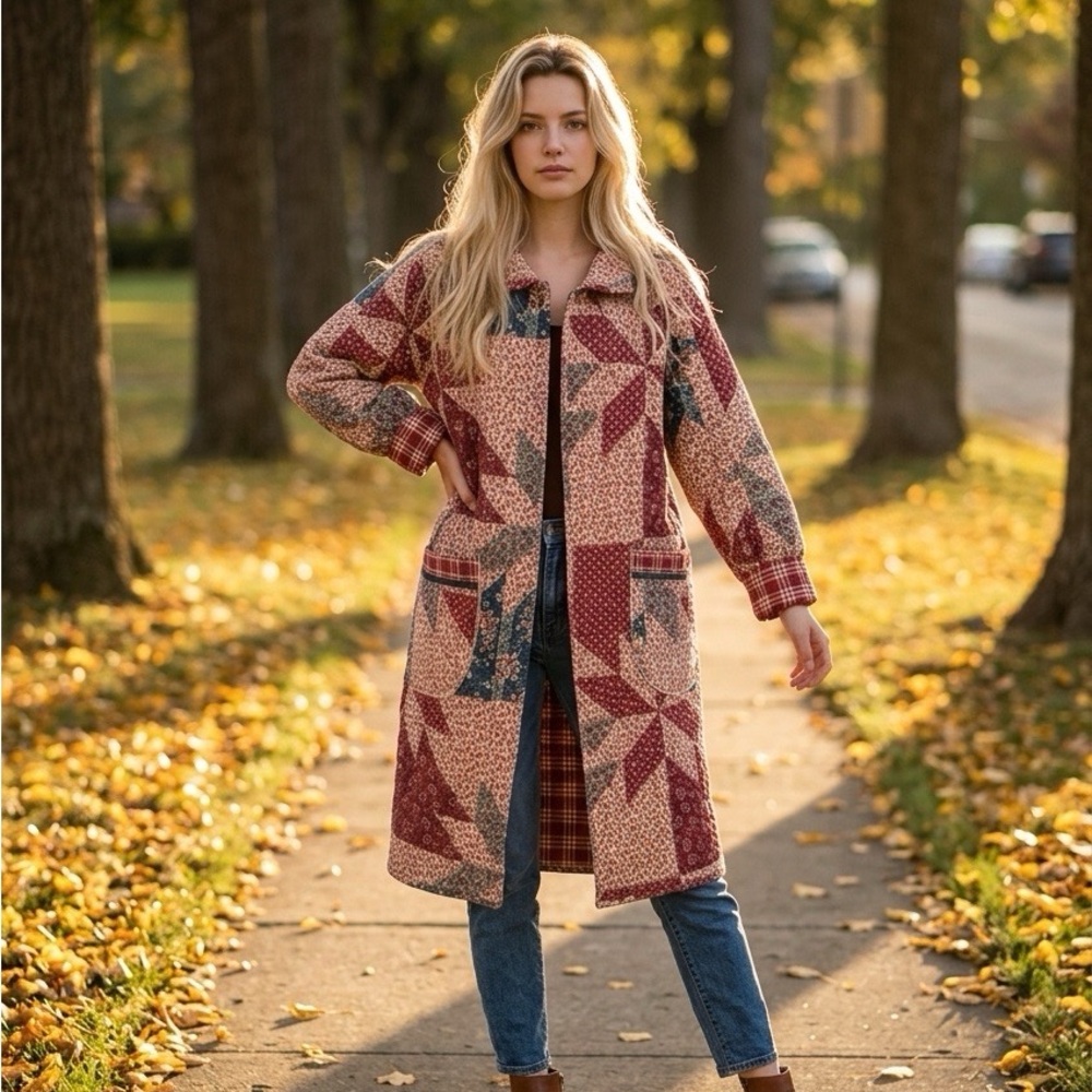 Quilted Patchwork Trench Coat in Burgundy & Cream